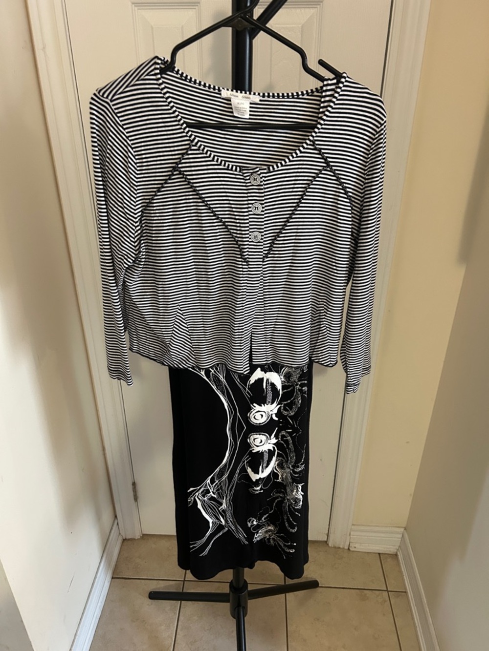 Black and White Striped Midi Dress with long sleeve over top
